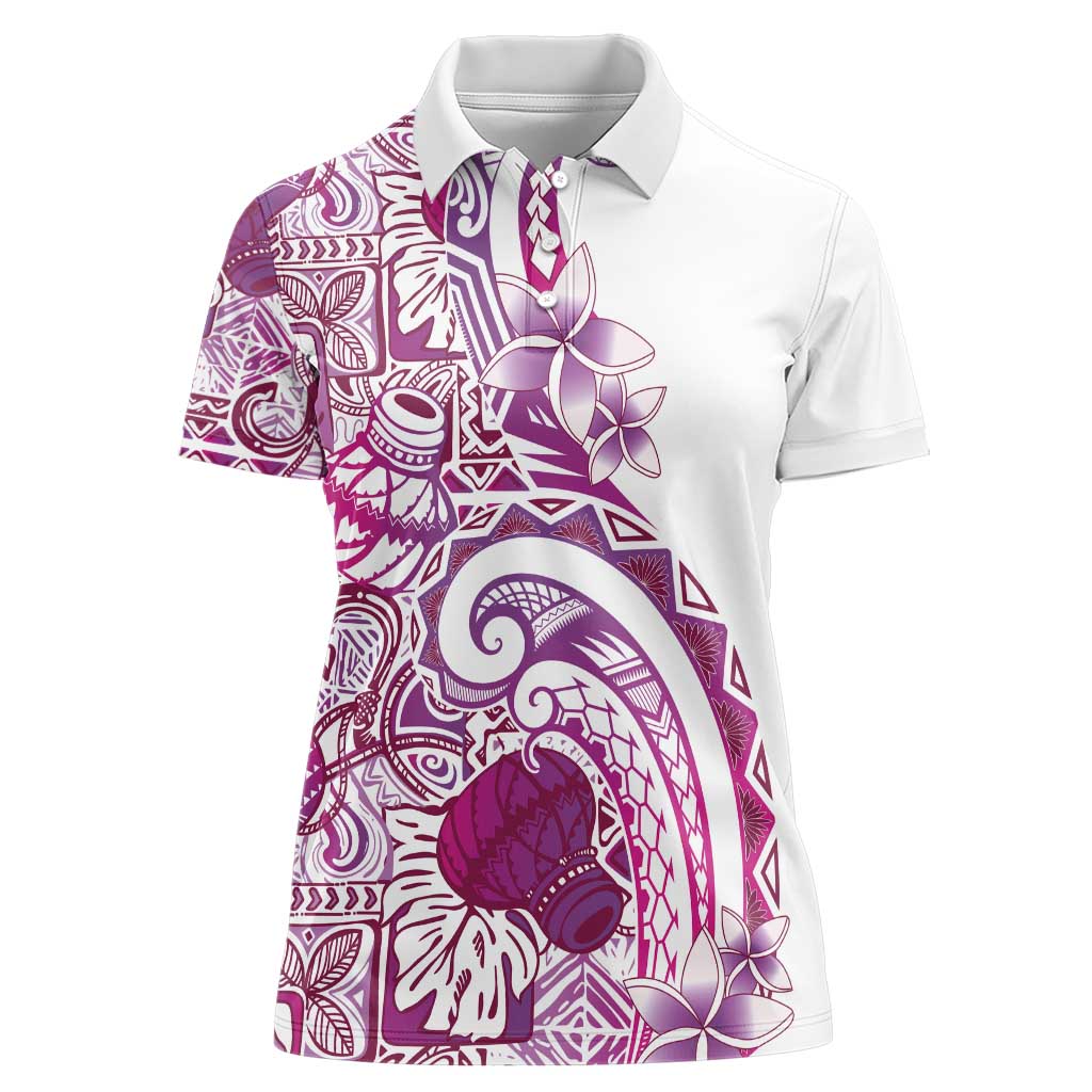 Aloha Hawaii Tapa Women Polo Shirt Vibrant Fuchsia Hawaiian Ipu - Polynesian Pride