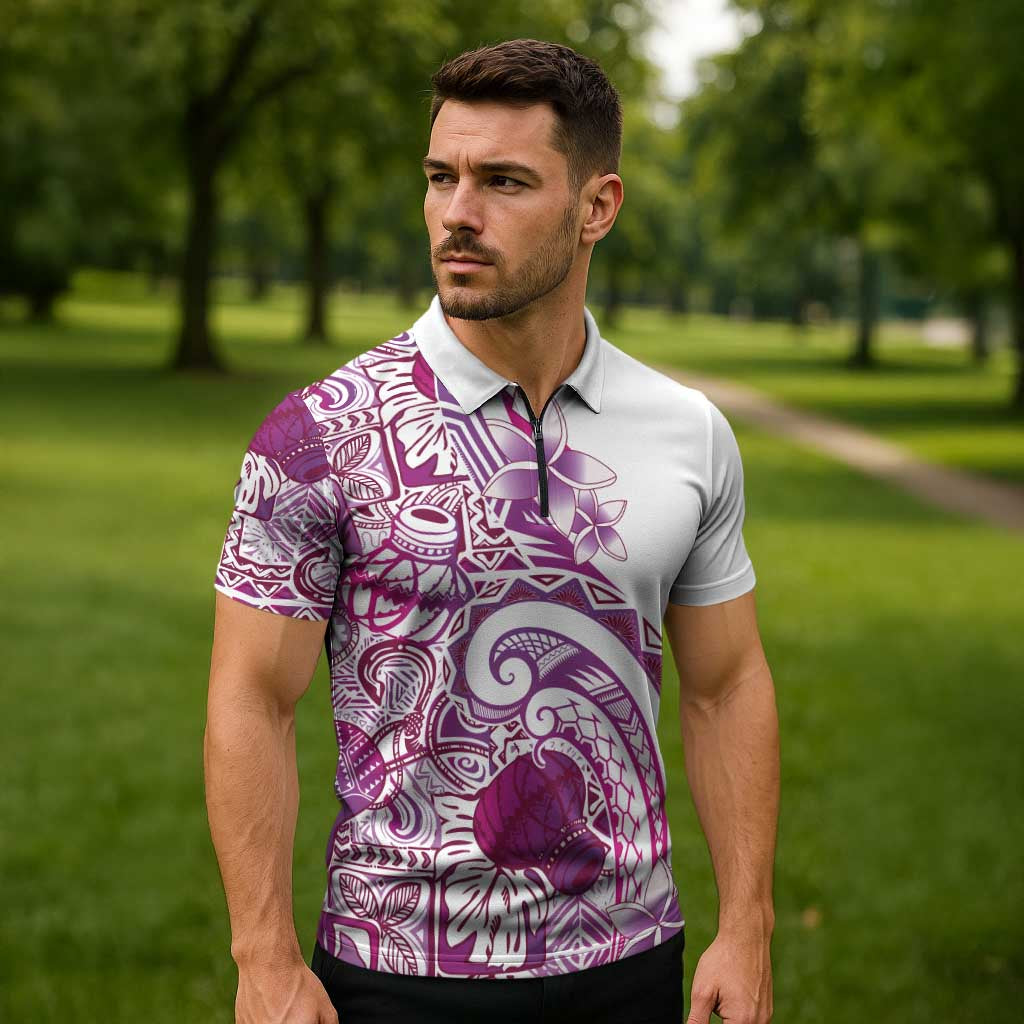 Aloha Hawaii Tapa Zipper Polo Shirt Vibrant Fuchsia Hawaiian Ipu - Polynesian Pride