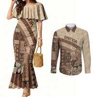 Samoa Mamanu Siapo Mocha Couples Matching Mermaid Dress and Long Sleeve Button Shirt Tatau Malie