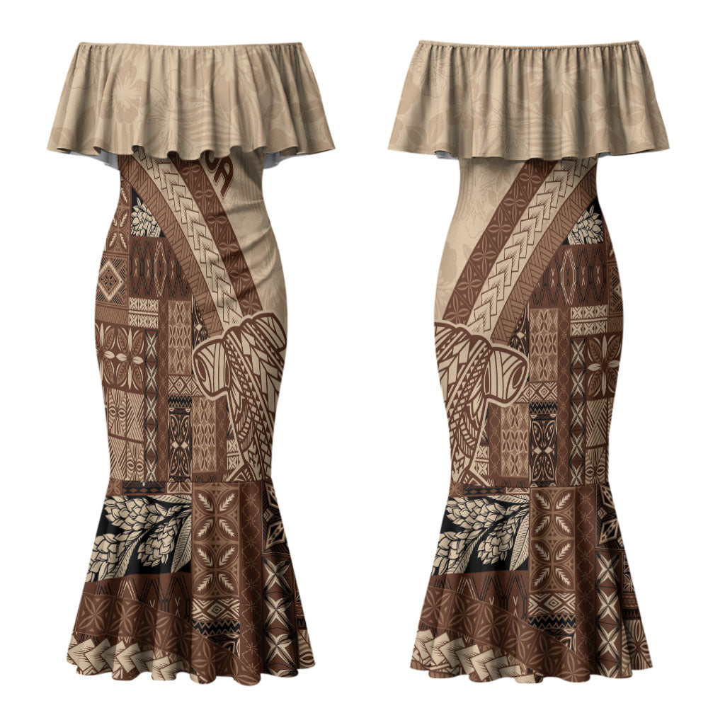 Samoa Mamanu Siapo Mocha Couples Matching Mermaid Dress and Long Sleeve Button Shirt Tatau Malie