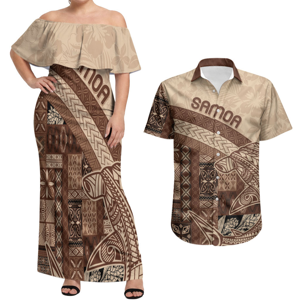 Samoa Mamanu Siapo Mocha Couples Matching Off Shoulder Maxi Dress and Hawaiian Shirt Tatau Malie