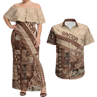 Samoa Mamanu Siapo Mocha Couples Matching Off Shoulder Maxi Dress and Hawaiian Shirt Tatau Malie