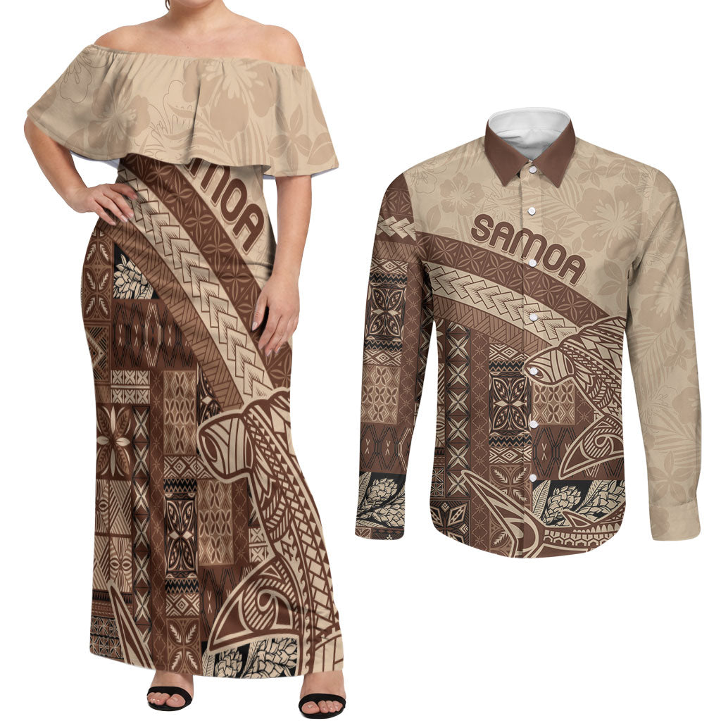 Samoa Mamanu Siapo Mocha Couples Matching Off Shoulder Maxi Dress and Long Sleeve Button Shirt Tatau Malie