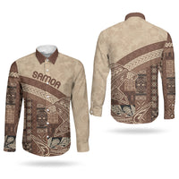 Samoa Mamanu Siapo Mocha Couples Matching Off Shoulder Maxi Dress and Long Sleeve Button Shirt Tatau Malie