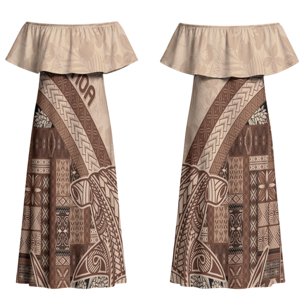 Samoa Mamanu Siapo Mocha Couples Matching Off Shoulder Maxi Dress and Long Sleeve Button Shirt Tatau Malie