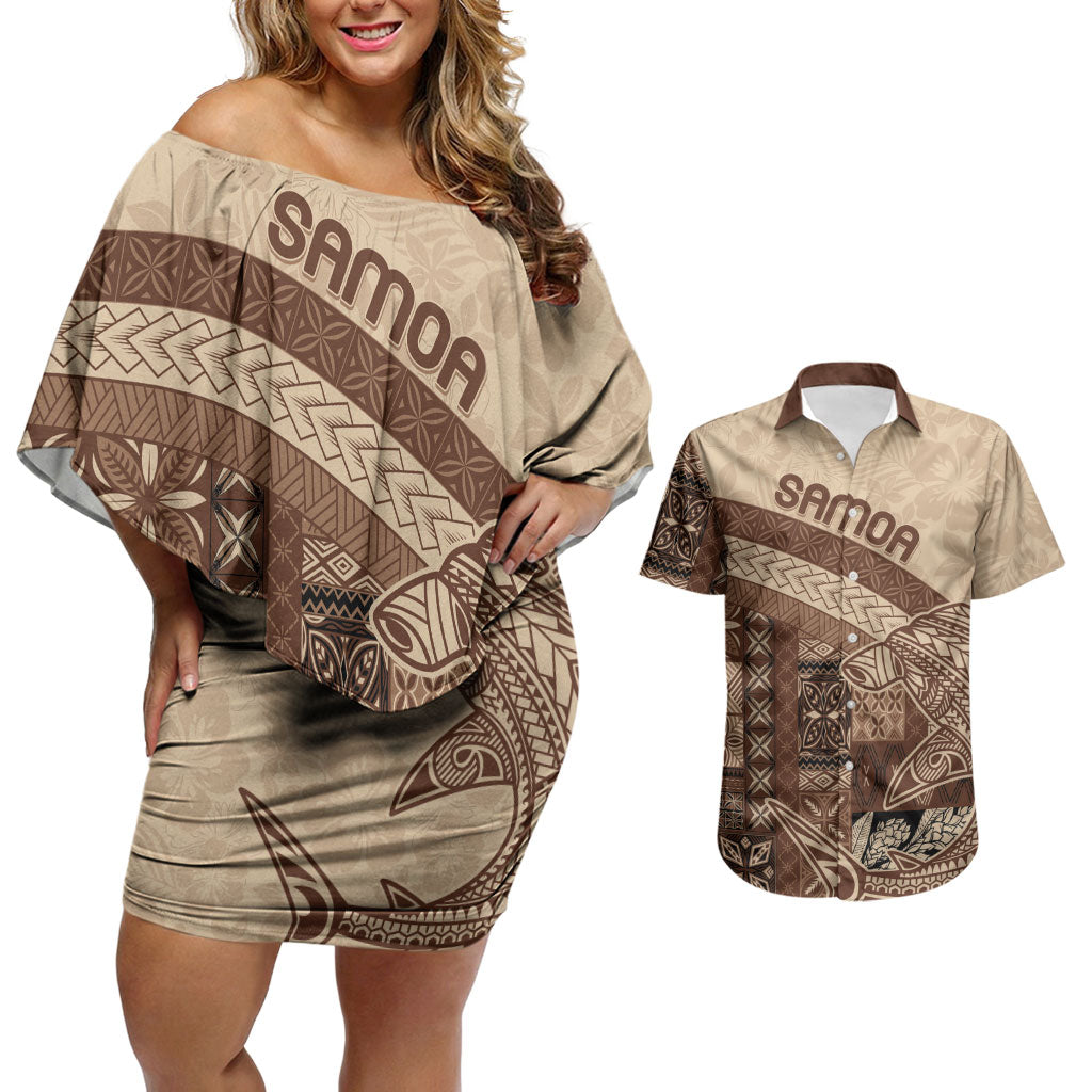 Samoa Mamanu Siapo Mocha Couples Matching Off Shoulder Short Dress and Hawaiian Shirt Tatau Malie