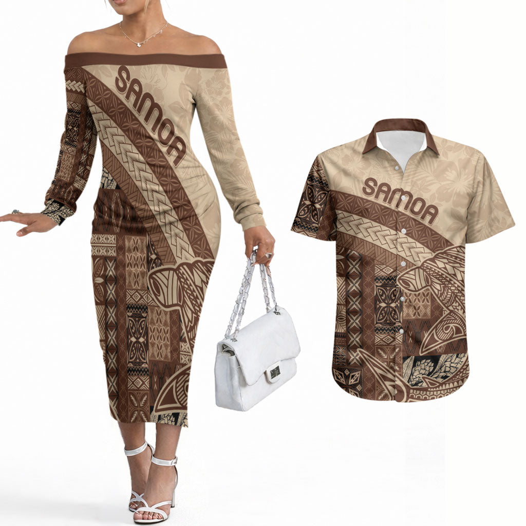 Samoa Mamanu Siapo Mocha Couples Matching Off The Shoulder Long Sleeve Dress and Hawaiian Shirt Tatau Malie