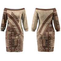 Samoa Mamanu Siapo Mocha Couples Matching Off The Shoulder Long Sleeve Dress and Hawaiian Shirt Tatau Malie