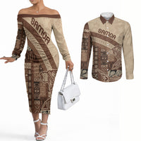 Samoa Mamanu Siapo Mocha Couples Matching Off The Shoulder Long Sleeve Dress and Long Sleeve Button Shirt Tatau Malie