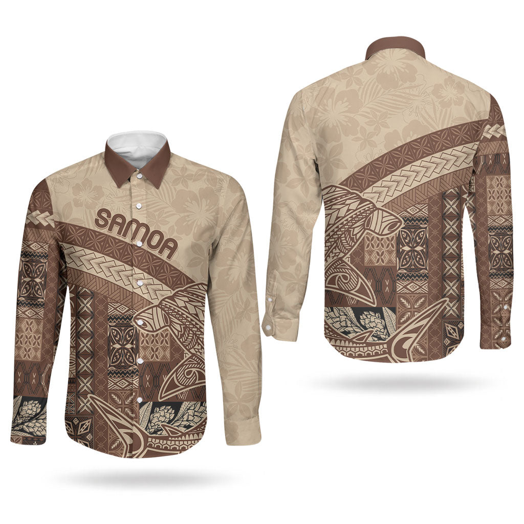 Samoa Mamanu Siapo Mocha Couples Matching Off The Shoulder Long Sleeve Dress and Long Sleeve Button Shirt Tatau Malie
