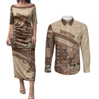 Samoa Mamanu Siapo Mocha Couples Matching Puletasi and Long Sleeve Button Shirt Tatau Malie