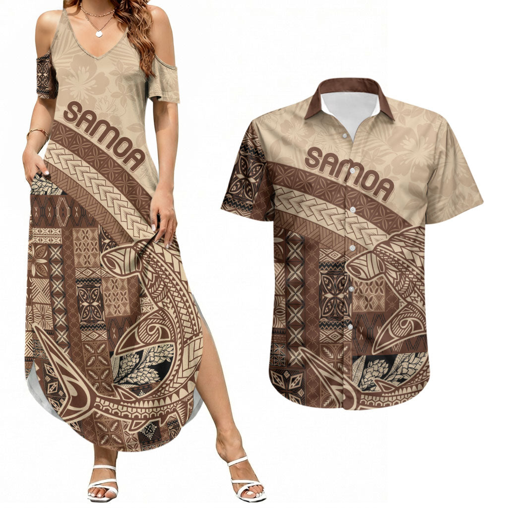 Samoa Mamanu Siapo Mocha Couples Matching Summer Maxi Dress and Hawaiian Shirt Tatau Malie