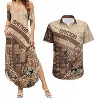 Samoa Mamanu Siapo Mocha Couples Matching Summer Maxi Dress and Hawaiian Shirt Tatau Malie