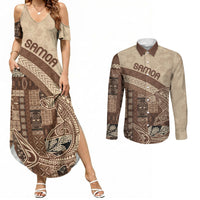 Samoa Mamanu Siapo Mocha Couples Matching Summer Maxi Dress and Long Sleeve Button Shirt Tatau Malie