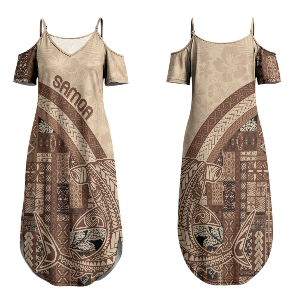 Samoa Mamanu Siapo Mocha Couples Matching Summer Maxi Dress and Long Sleeve Button Shirt Tatau Malie