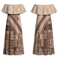 Samoa Mamanu Siapo Mocha Family Matching Off Shoulder Maxi Dress and Hawaiian Shirt Tatau Malie