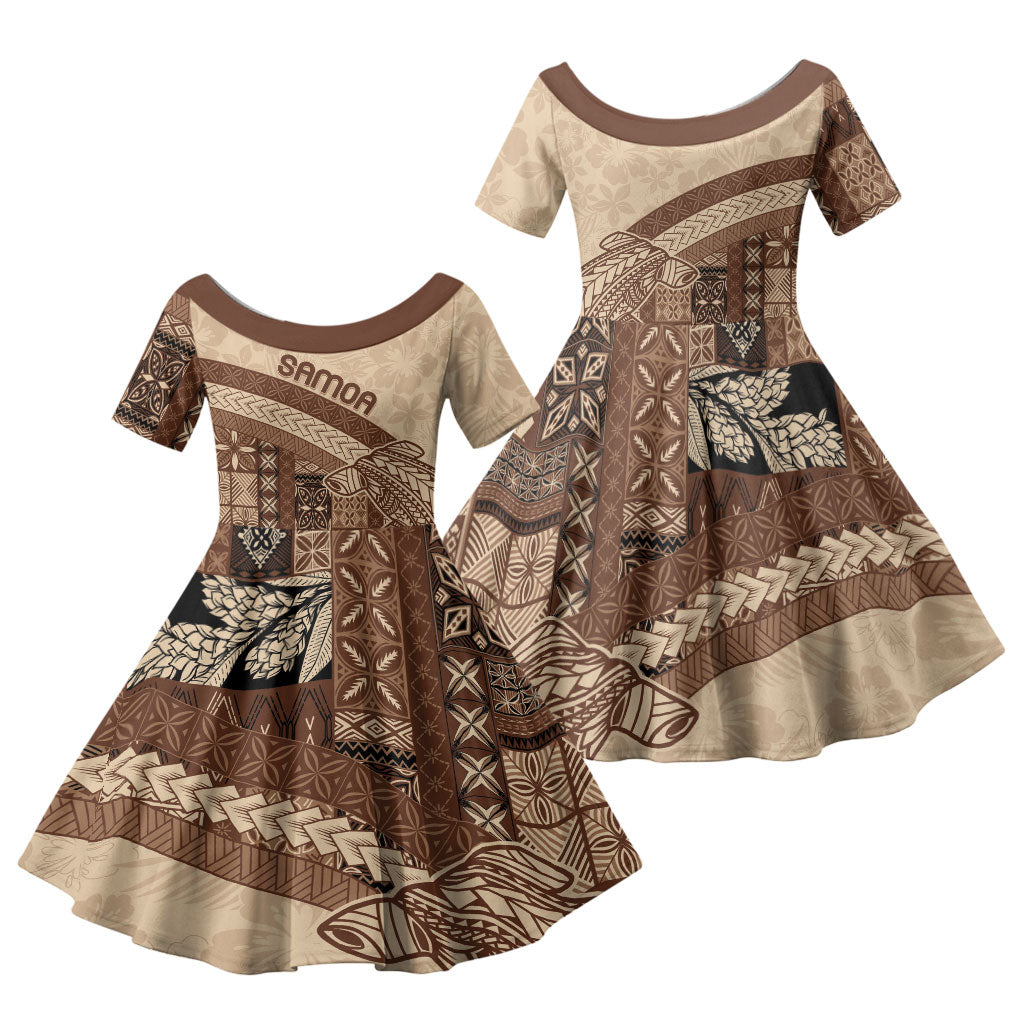 Samoa Mamanu Siapo Mocha Family Matching Off Shoulder Short Dress and Hawaiian Shirt Tatau Malie