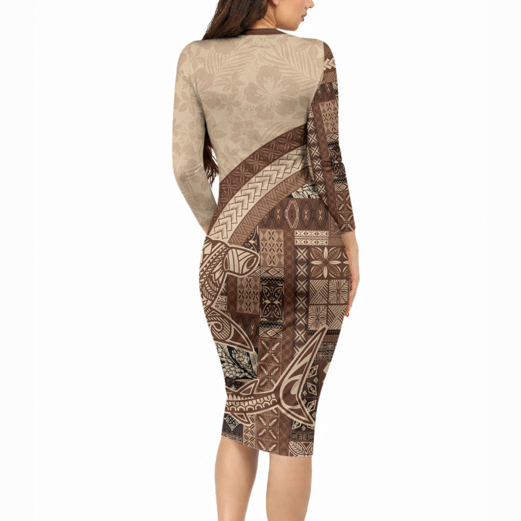 Samoa Mamanu Siapo Mocha Long Sleeve Bodycon Dress Tatau Malie