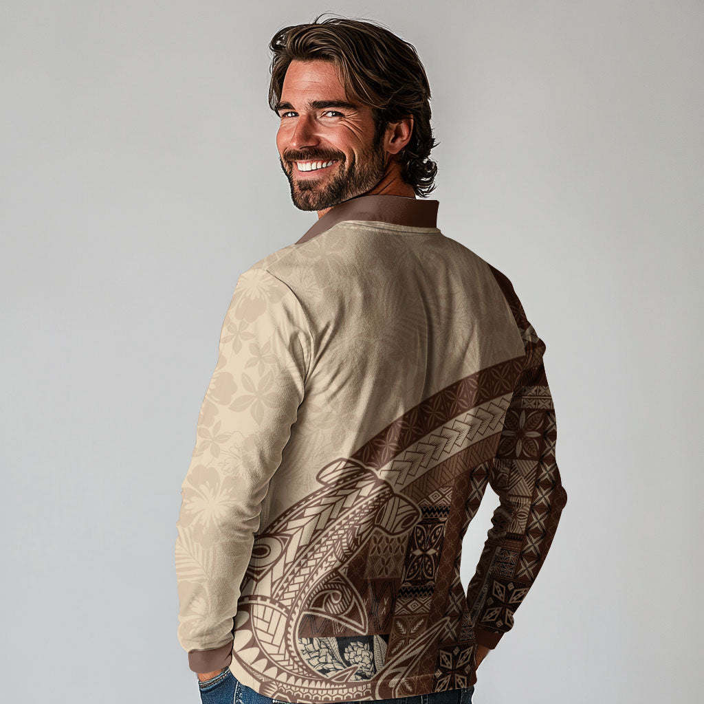 Samoa Mamanu Siapo Mocha Long Sleeve Polo Shirt Tatau Malie