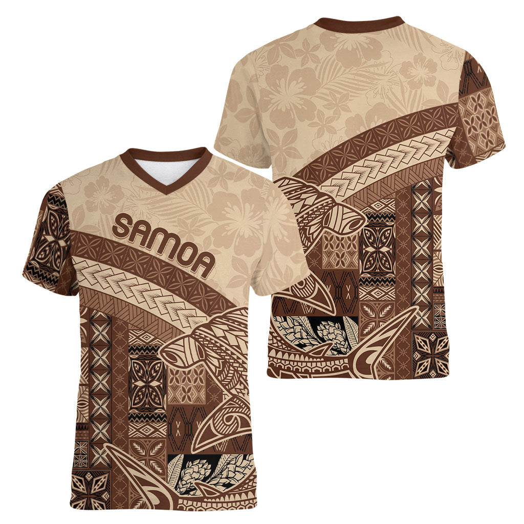 Samoa Mamanu Siapo Mocha Women V-Neck T-Shirt Tatau Malie