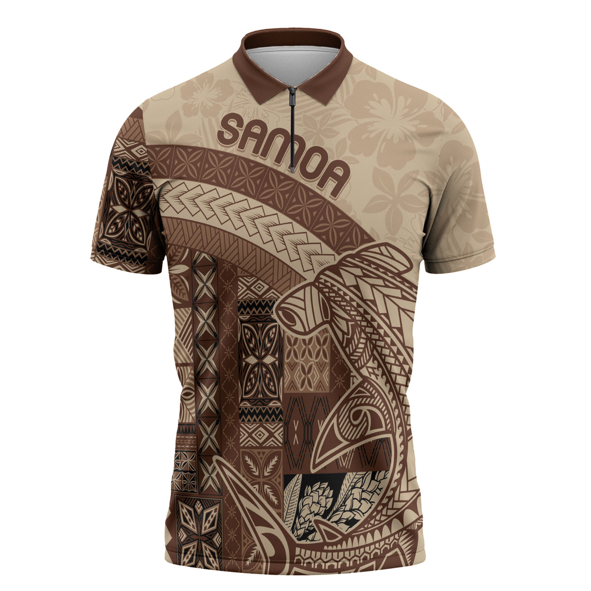Samoa Mamanu Siapo Mocha Zipper Polo Shirt Tatau Malie