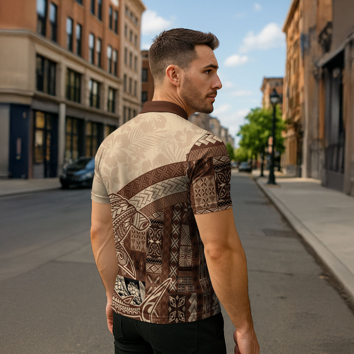 Samoa Mamanu Siapo Mocha Zipper Polo Shirt Tatau Malie