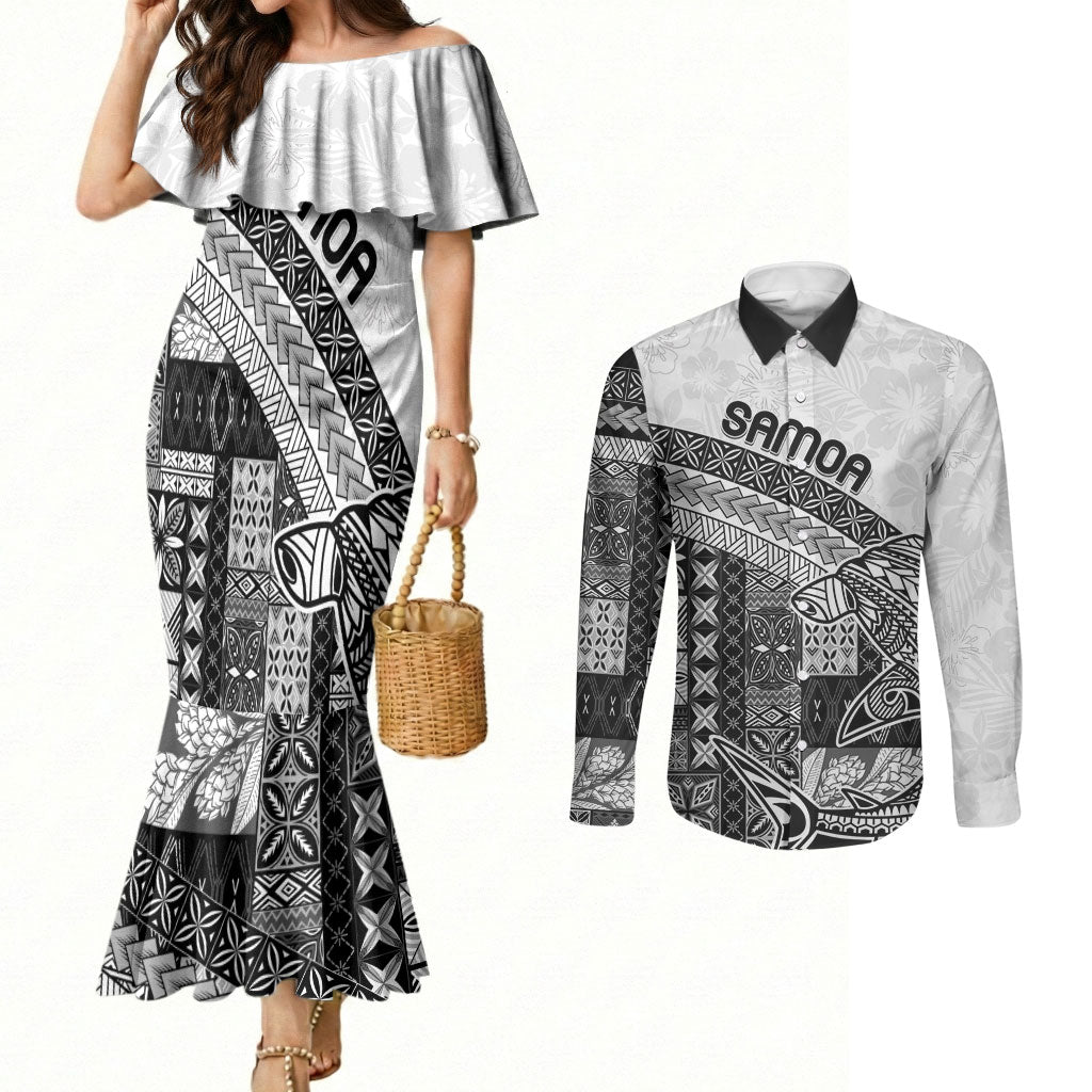 Samoa Mamanu Siapo Classic Black Couples Matching Mermaid Dress and Long Sleeve Button Shirt Tatau Malie