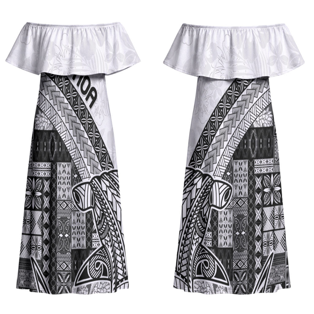 Samoa Mamanu Siapo Classic Black Couples Matching Off Shoulder Maxi Dress and Hawaiian Shirt Tatau Malie