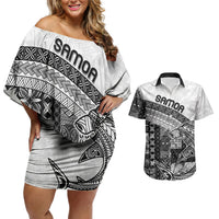 Samoa Mamanu Siapo Classic Black Couples Matching Off Shoulder Short Dress and Hawaiian Shirt Tatau Malie
