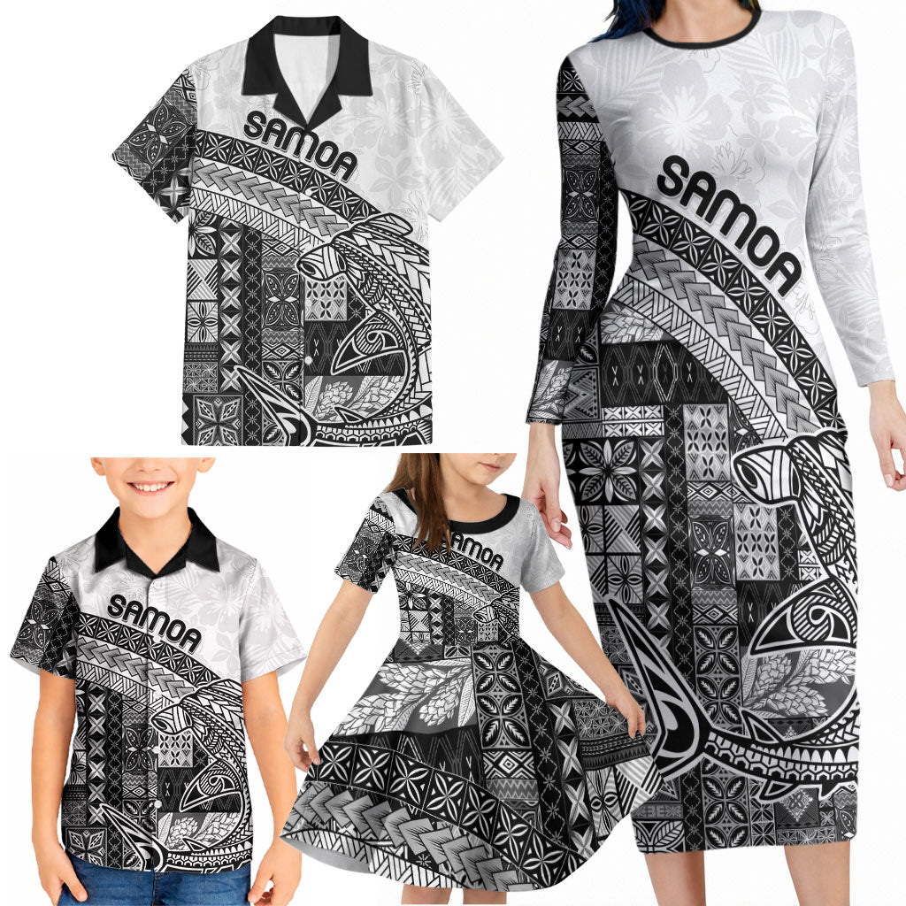 Samoa Mamanu Siapo Classic Black Family Matching Long Sleeve Bodycon Dress and Hawaiian Shirt Tatau Malie