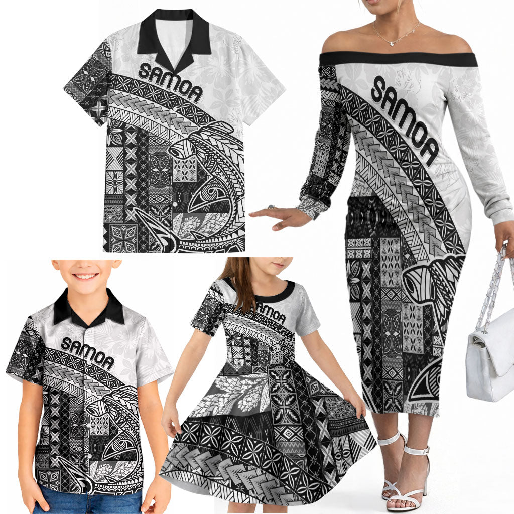 Samoa Mamanu Siapo Classic Black Family Matching Off The Shoulder Long Sleeve Dress and Hawaiian Shirt Tatau Malie