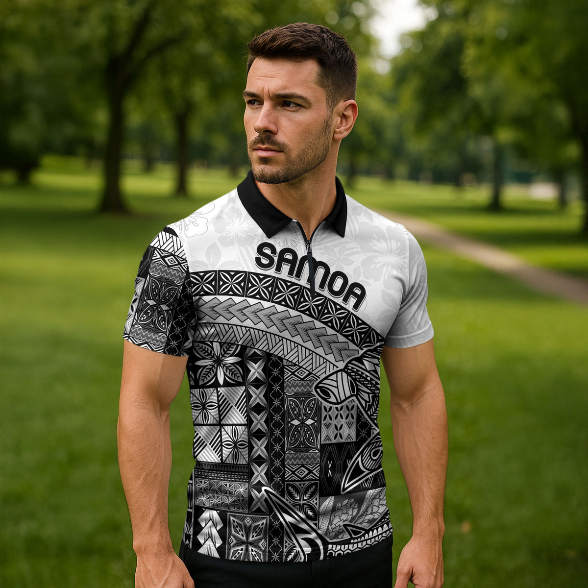 Samoa Mamanu Siapo Classic Black Zipper Polo Shirt Tatau Malie