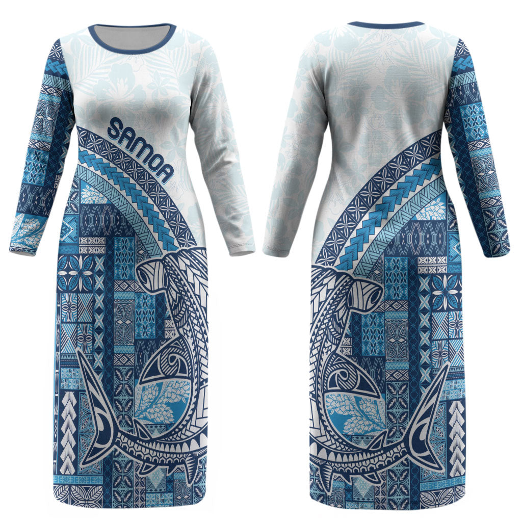 Samoa Mamanu Siapo Royal Blue Couples Matching Long Sleeve Bodycon Dress and Hawaiian Shirt Tatau Malie