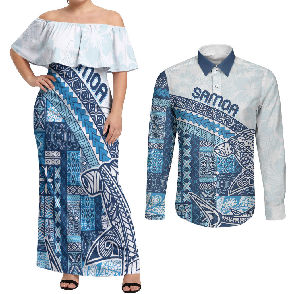 Samoa Mamanu Siapo Royal Blue Couples Matching Off Shoulder Maxi Dress and Long Sleeve Button Shirt Tatau Malie