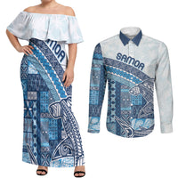 Samoa Mamanu Siapo Royal Blue Couples Matching Off Shoulder Maxi Dress and Long Sleeve Button Shirt Tatau Malie