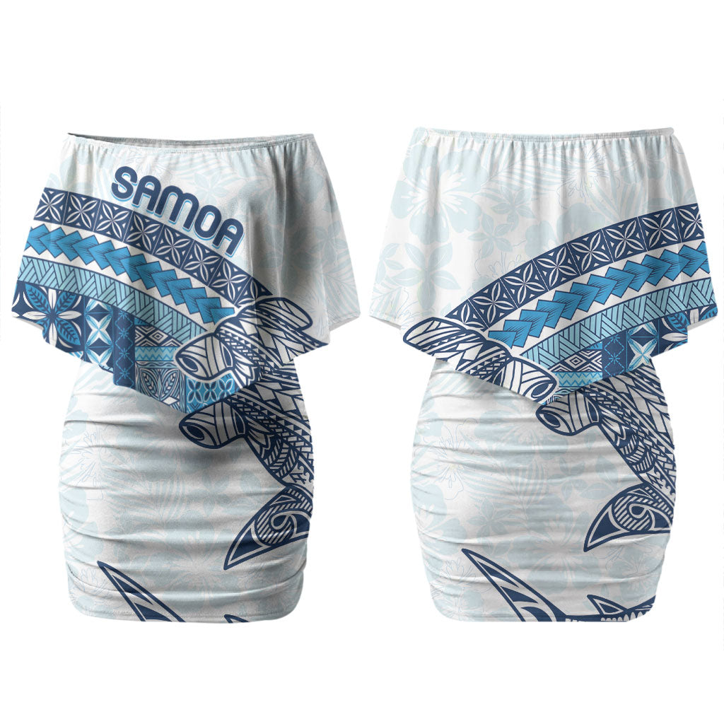 Samoa Mamanu Siapo Royal Blue Couples Matching Off Shoulder Short Dress and Hawaiian Shirt Tatau Malie