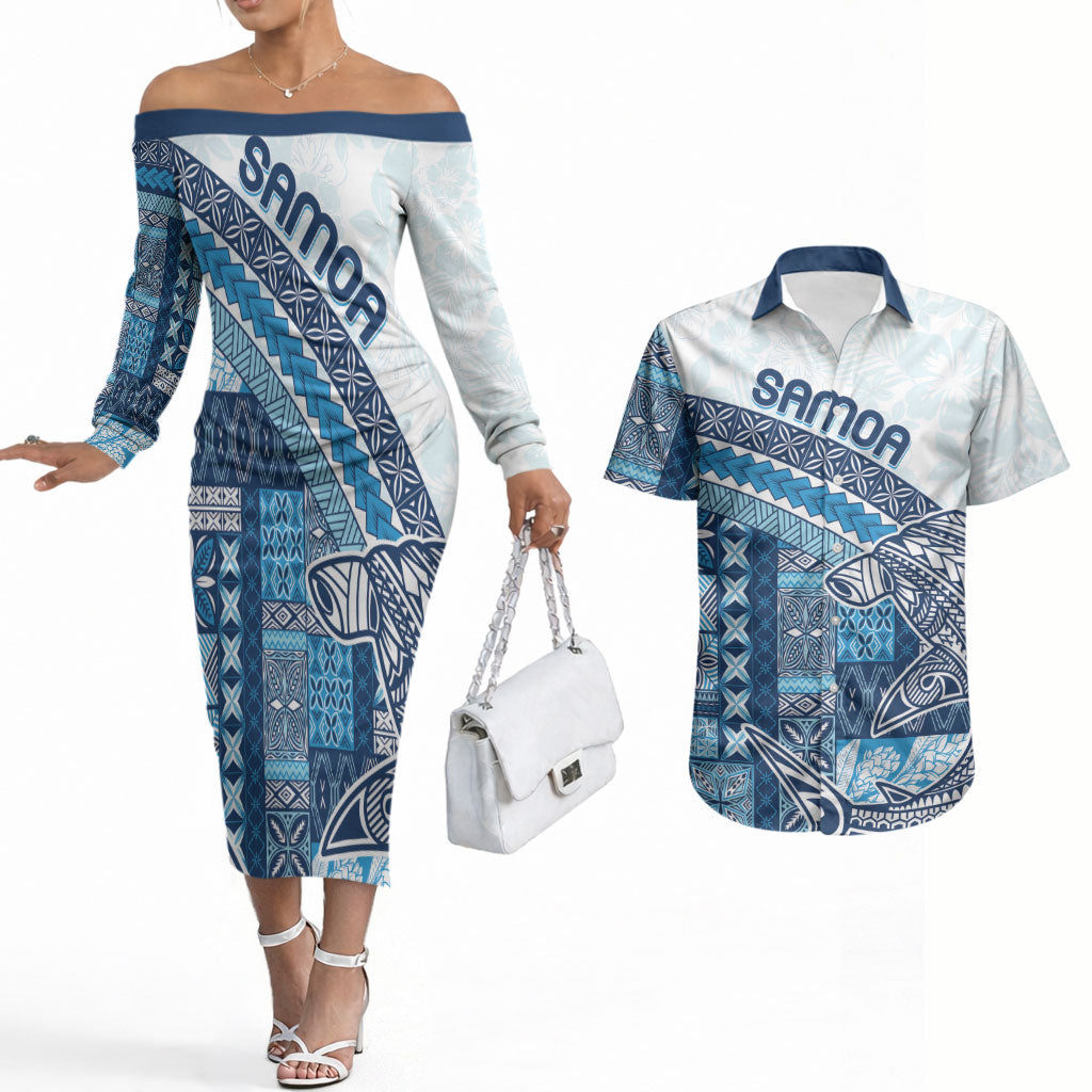 Samoa Mamanu Siapo Royal Blue Couples Matching Off The Shoulder Long Sleeve Dress and Hawaiian Shirt Tatau Malie