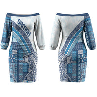 Samoa Mamanu Siapo Royal Blue Couples Matching Off The Shoulder Long Sleeve Dress and Long Sleeve Button Shirt Tatau Malie