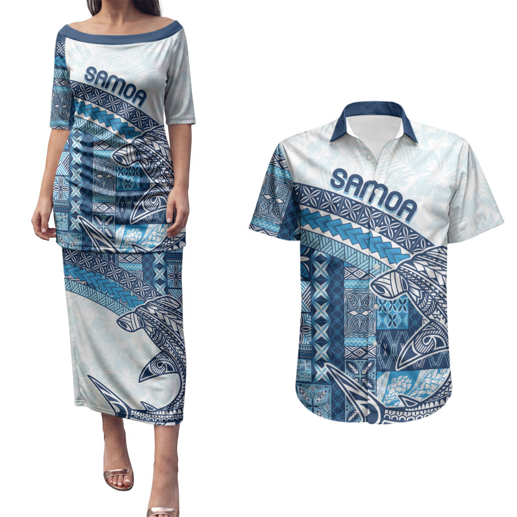 Samoa Mamanu Siapo Royal Blue Couples Matching Puletasi and Hawaiian Shirt Tatau Malie