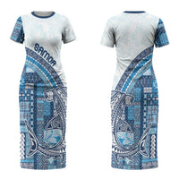 Samoa Mamanu Siapo Royal Blue Couples Matching Short Sleeve Bodycon Dress and Hawaiian Shirt Tatau Malie
