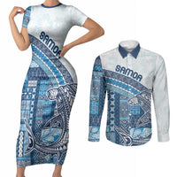 Samoa Mamanu Siapo Royal Blue Couples Matching Short Sleeve Bodycon Dress and Long Sleeve Button Shirt Tatau Malie