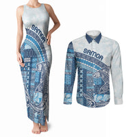 Samoa Mamanu Siapo Royal Blue Couples Matching Tank Maxi Dress and Long Sleeve Button Shirt Tatau Malie