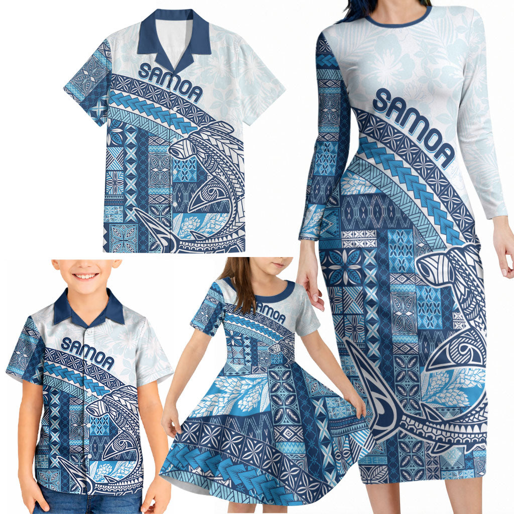 Samoa Mamanu Siapo Royal Blue Family Matching Long Sleeve Bodycon Dress and Hawaiian Shirt Tatau Malie