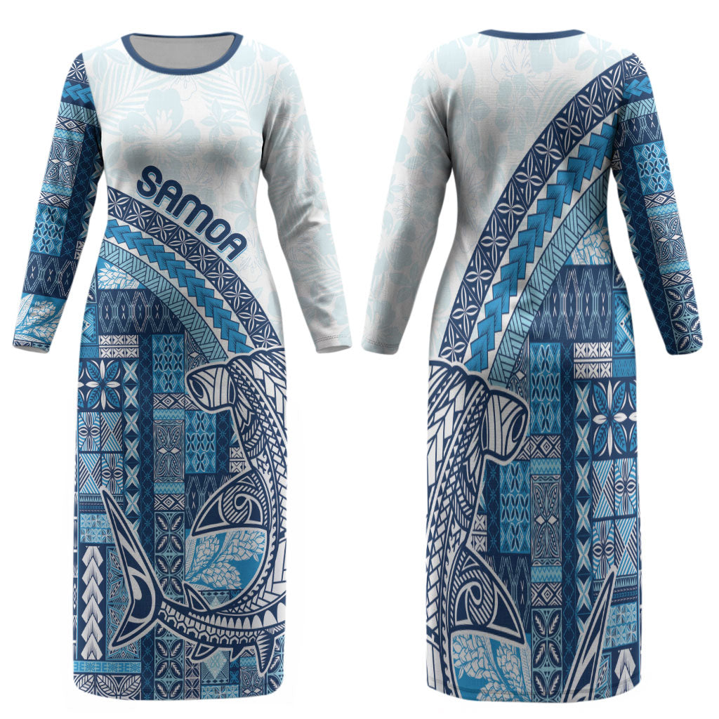 Samoa Mamanu Siapo Royal Blue Family Matching Long Sleeve Bodycon Dress and Hawaiian Shirt Tatau Malie