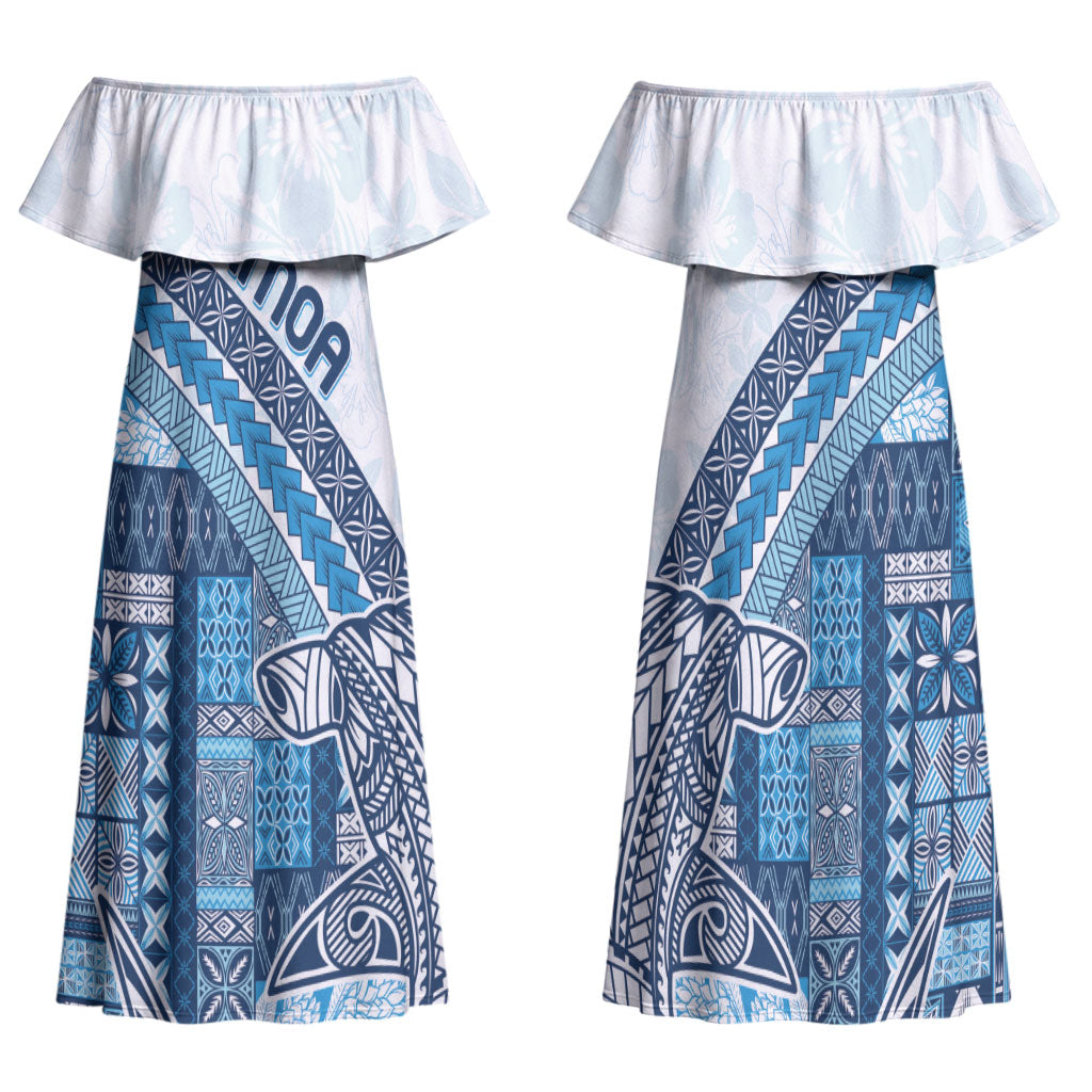 Samoa Mamanu Siapo Royal Blue Family Matching Off Shoulder Maxi Dress and Hawaiian Shirt Tatau Malie