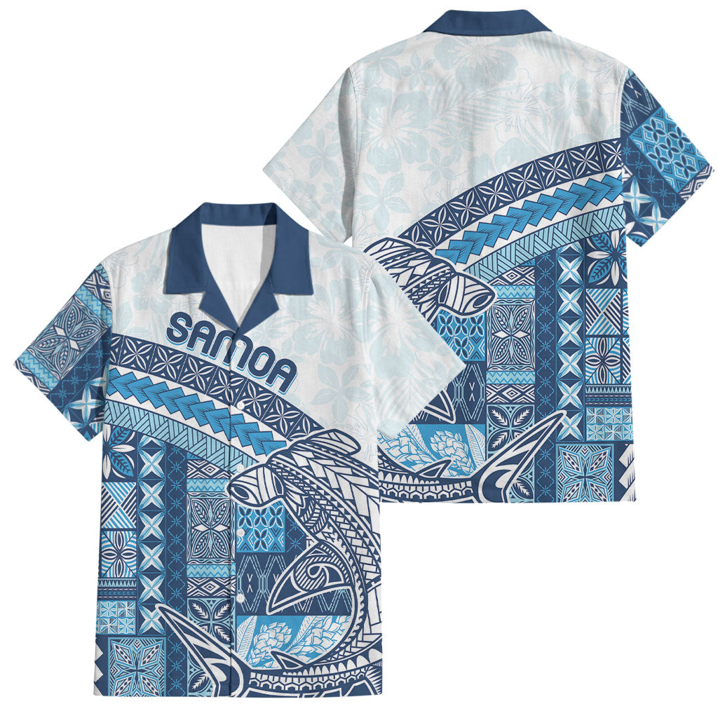 Samoa Mamanu Siapo Royal Blue Family Matching Off Shoulder Short Dress and Hawaiian Shirt Tatau Malie