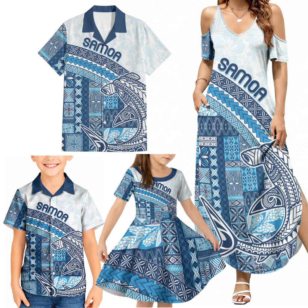 Samoa Mamanu Siapo Royal Blue Family Matching Summer Maxi Dress and Hawaiian Shirt Tatau Malie