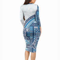 Samoa Mamanu Siapo Royal Blue Long Sleeve Bodycon Dress Tatau Malie