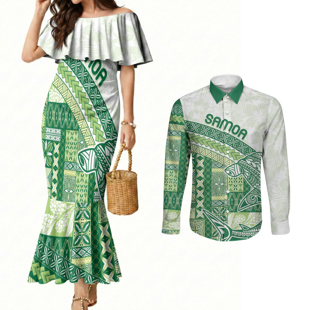 Samoa Mamanu Siapo Forest Green Couples Matching Mermaid Dress and Long Sleeve Button Shirt Tatau Malie