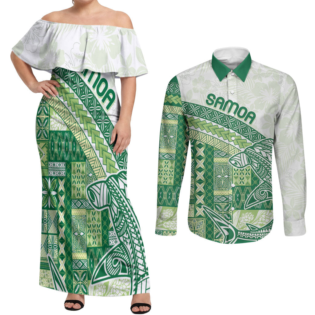 Samoa Mamanu Siapo Forest Green Couples Matching Off Shoulder Maxi Dress and Long Sleeve Button Shirt Tatau Malie